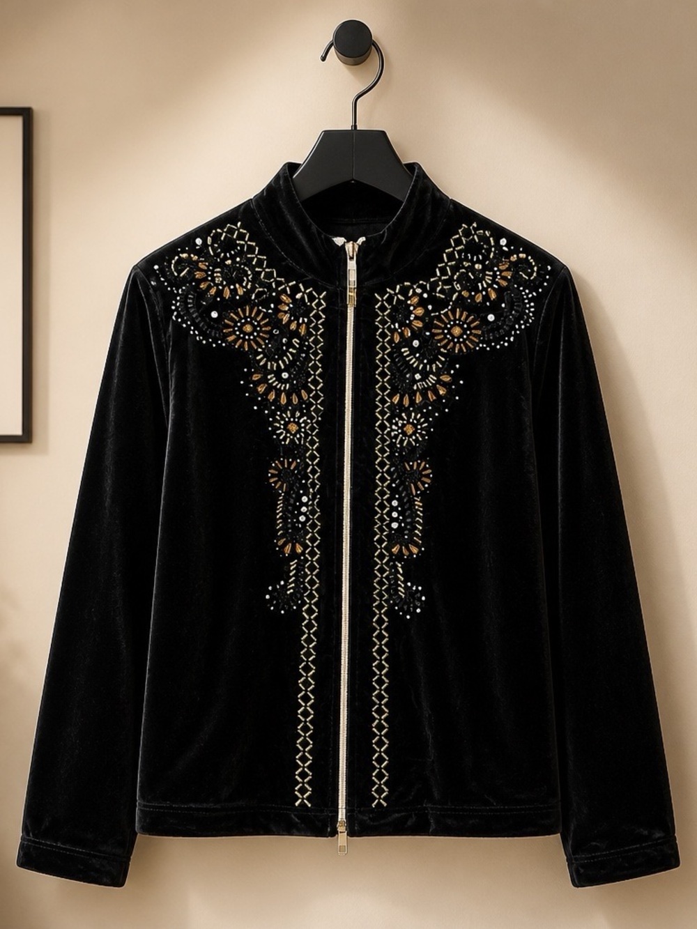 D&G Black Velvet Zip-Front Jacket with Gold & Silver Embellishment